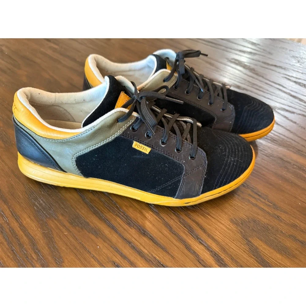 Fossil Low Top Sneakers Mens Size 10 Black Yellow Good Leather Suede FFM0022001